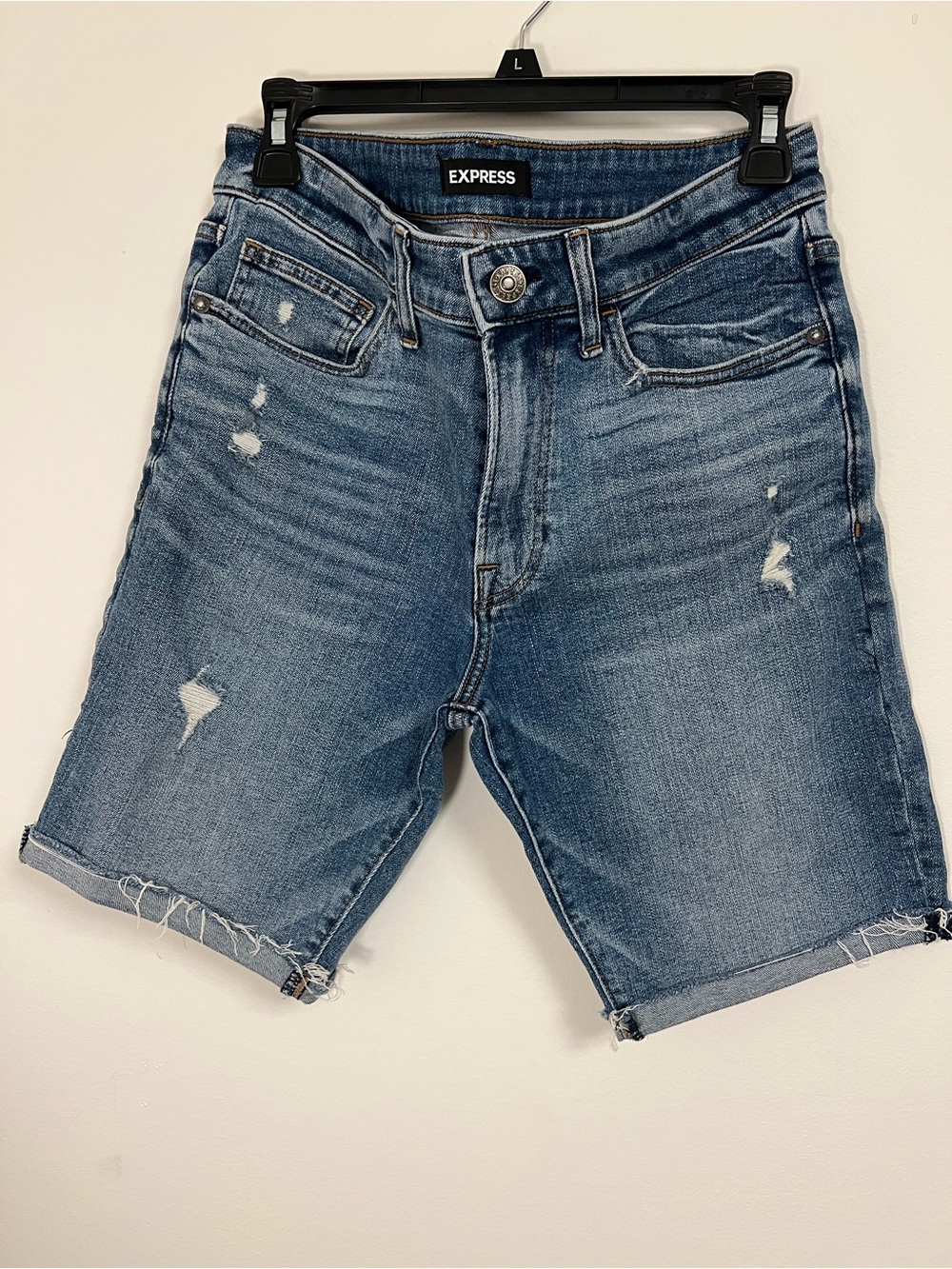 Express Distressed Denim Bermuda Shorts - Blue Wash